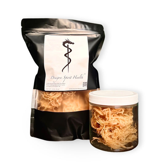 Black packaging with a label and a jar of dried noodles on a white background