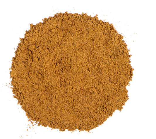 Brown mushroom powder on a white background