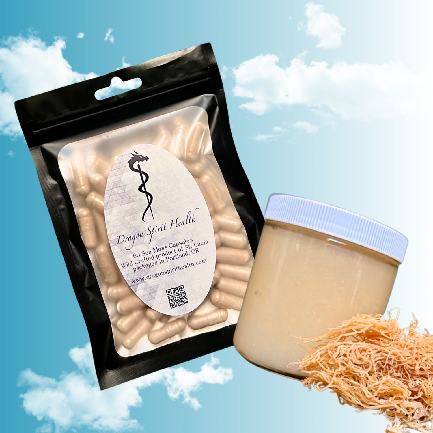 Packaged Sea Moss product with a label on a blue sky background