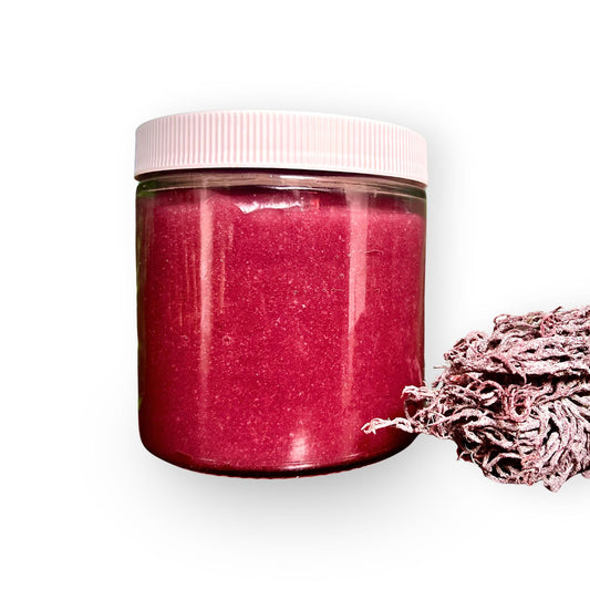 Jar of pink Sea Moss Gel with a white lid on a white background