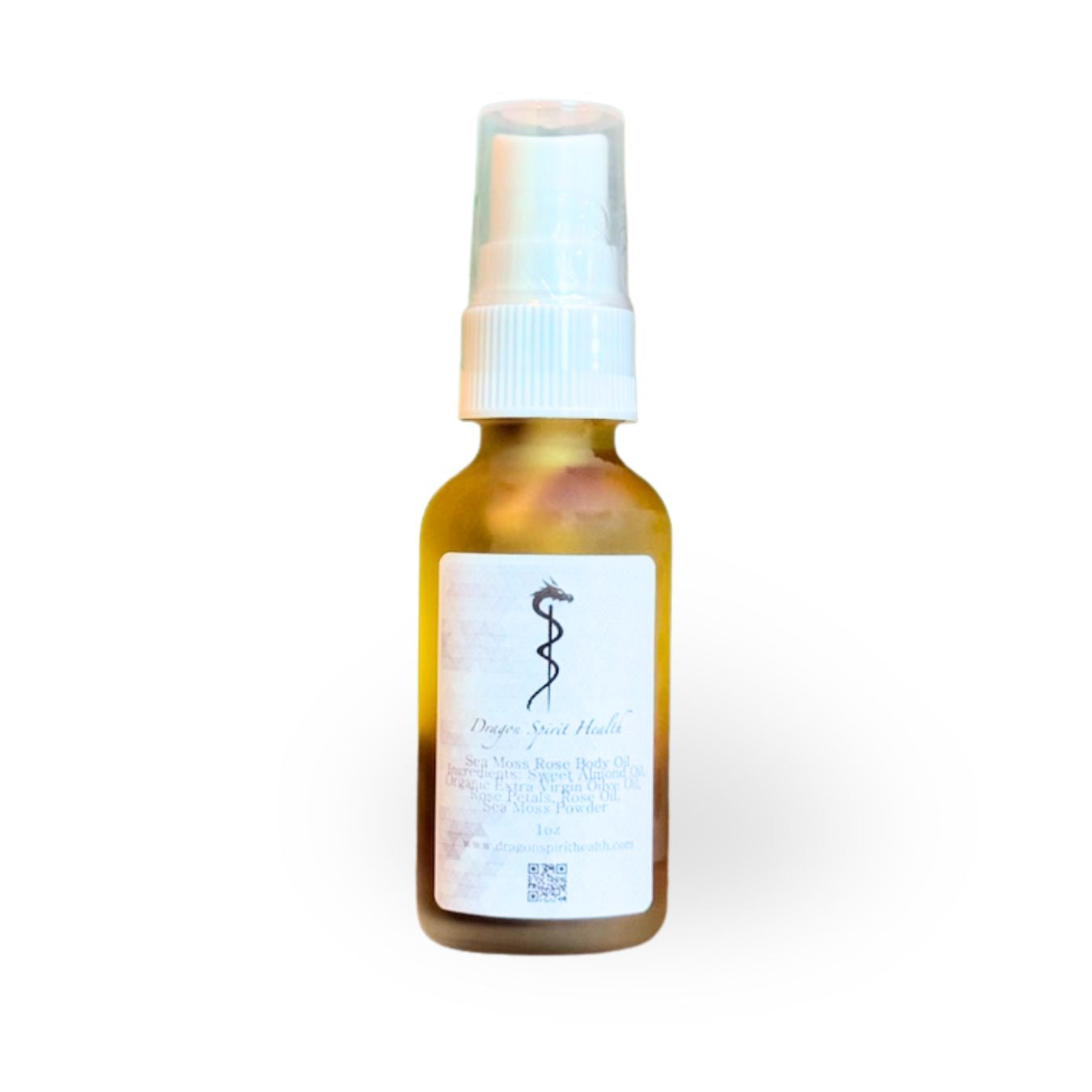 Small amber glass bottle with a white spray cap of Sea Moss Rose Oil Infusion Body Oil on a white background