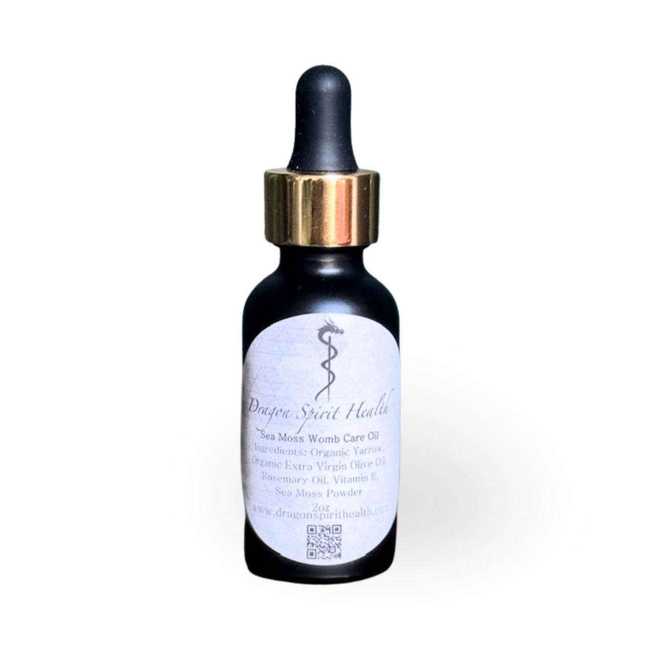 Bottle of Dragon's Spirit Healing Oil with dropper on a white background