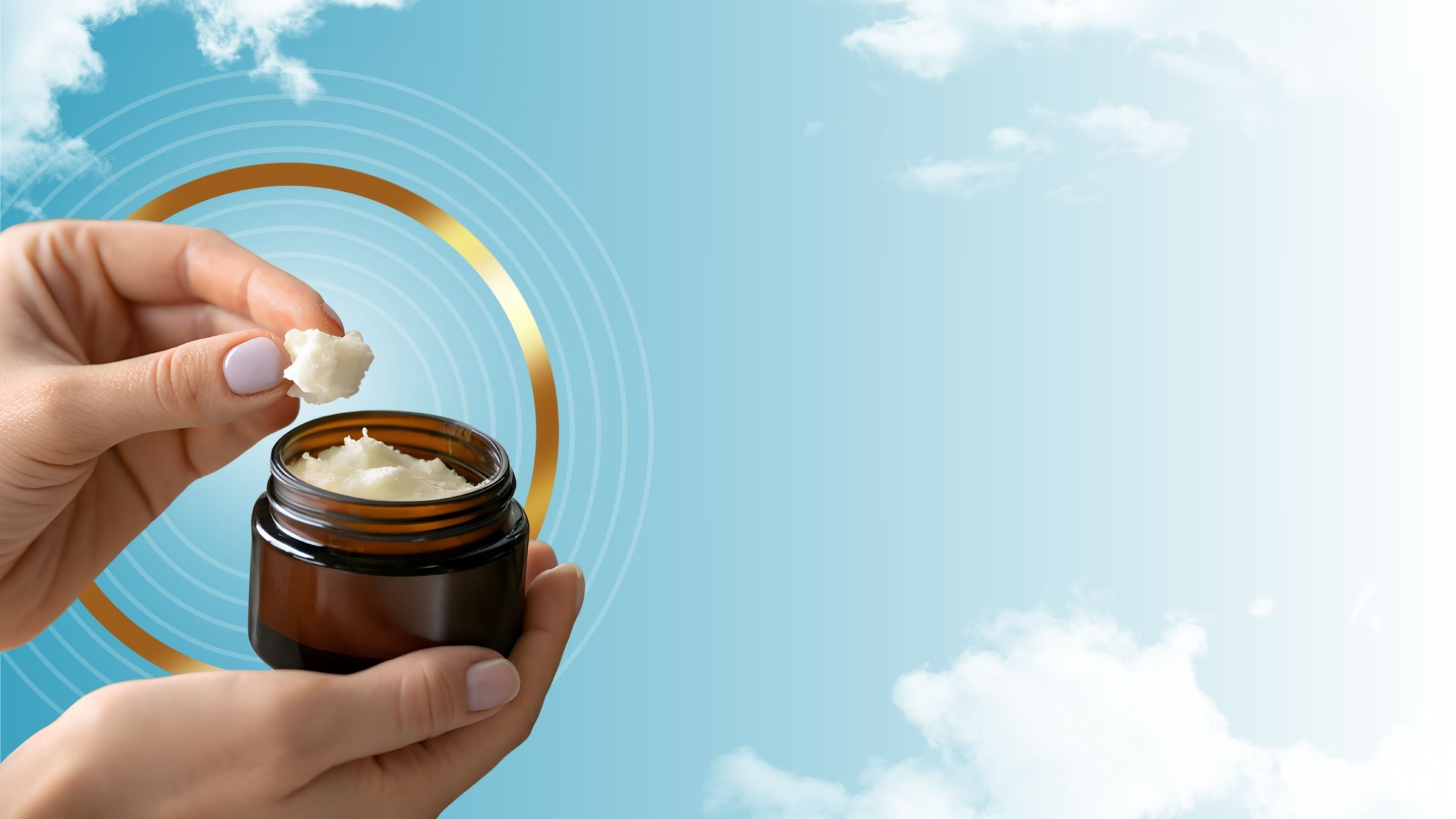 Person applying cream from a jar against a blue sky background