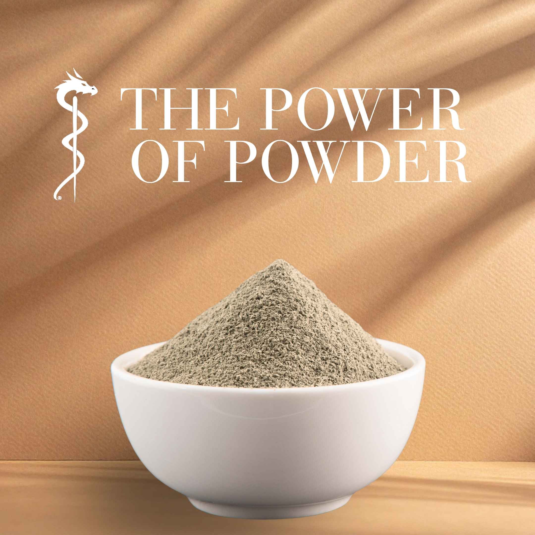White bowl filled with powder on a brown background with 'The Power of Powder' text.